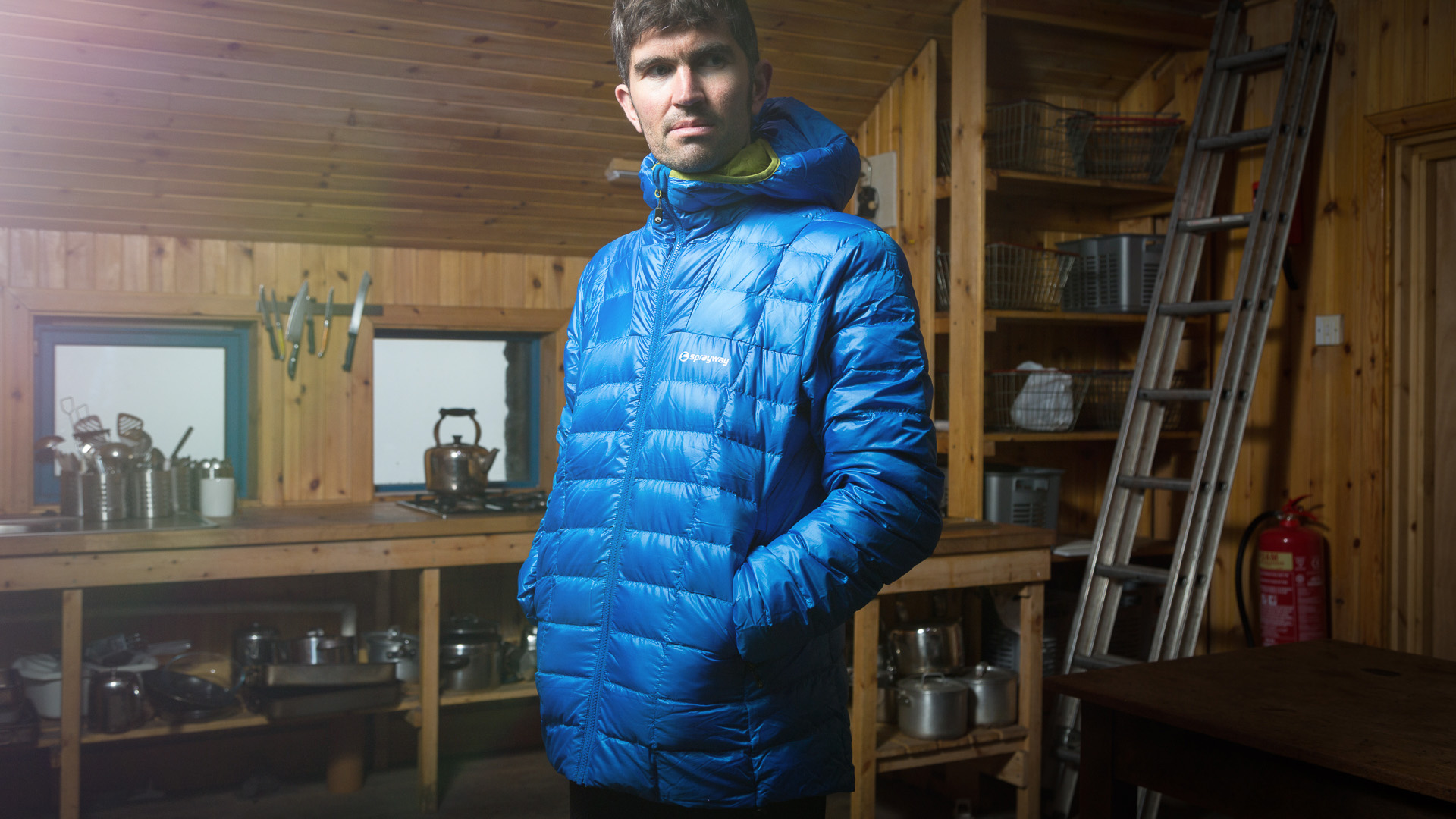 Sprayway Mylas down jacket in a mountain hut